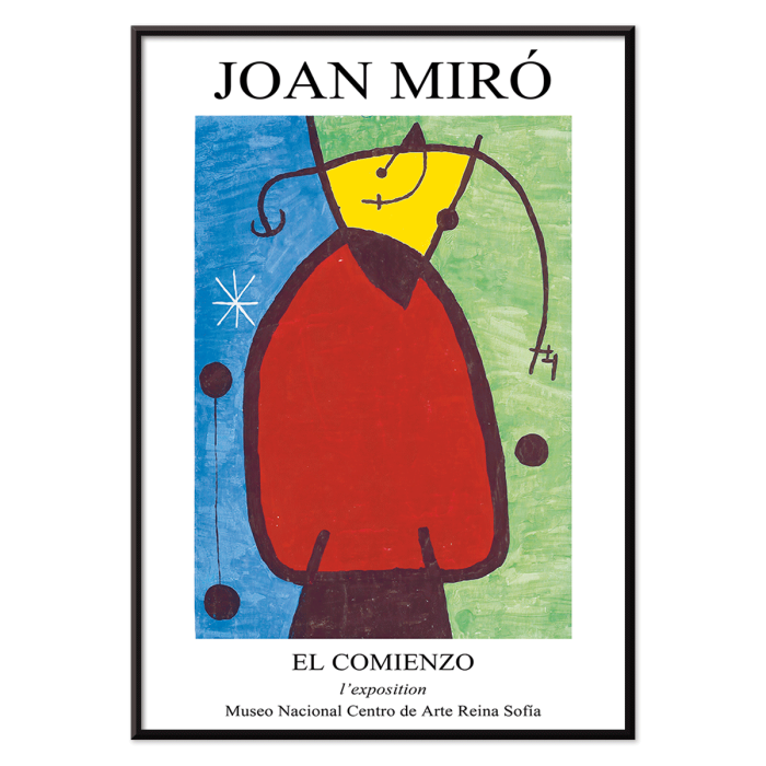 Affiche de l'exposition El Comienzo inspirée de Joan Miro avec des formes abstraites et des couleurs vives dans un cadre