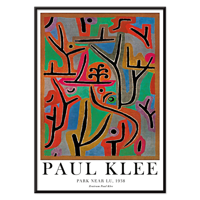 Póster de la obra de arte Park Near Lu de Paul Klee que presenta formas abstractas vibrantes y líneas atrevidas en diversos colores.