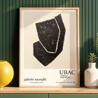 Black abstract design on a white exhibition poster titled Ardoises Empreintes by artist Raoul Ubac from Galerie Maeght Paris.