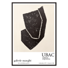 Black abstract design on a white exhibition poster titled Ardoises Empreintes by artist Raoul Ubac from Galerie Maeght Paris.