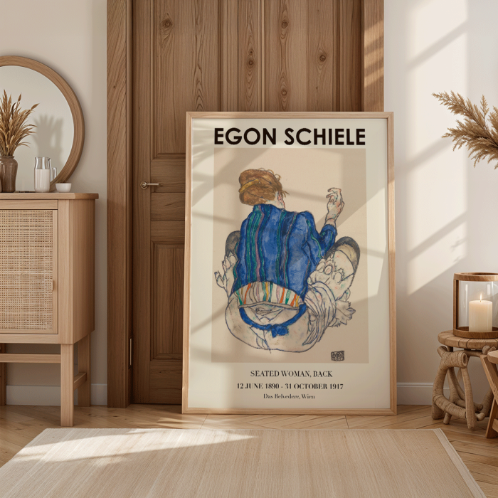 Poster de l'œuvre d'Egon Schiele Femme assise sur le dos montrant une femme avec un vêtement coloré assise le dos tourné