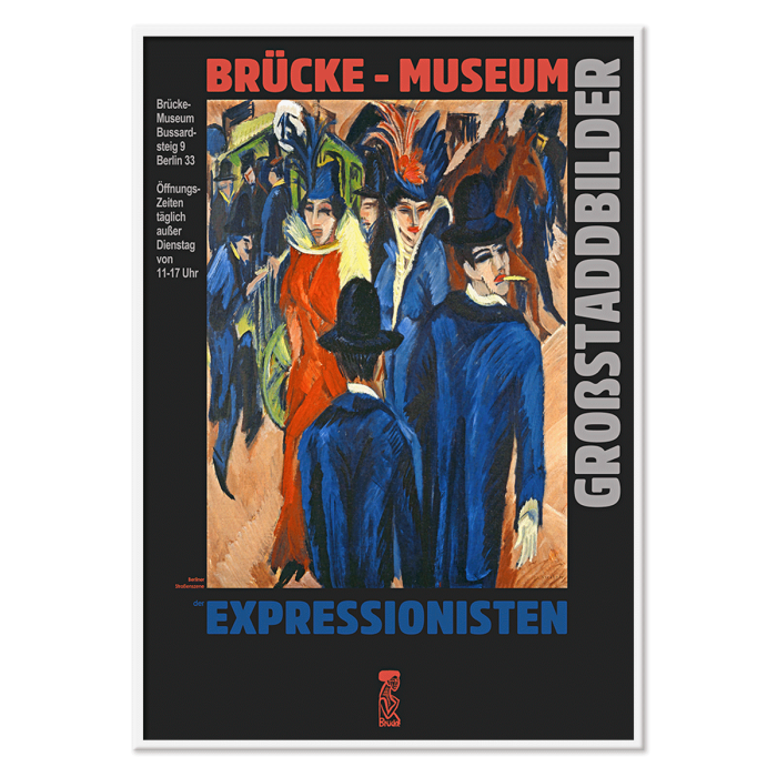 Poster présente une scène de rue de Berlin au musée Brücke par Ernst Kirchner mettant en valeur des œuvres expressionnistes dynamiques