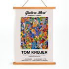 Obra de arte abstracta colorida en el cartel de la exposición de Tom Krojer en la Galerie Nord que presenta formas geométricas audaces.