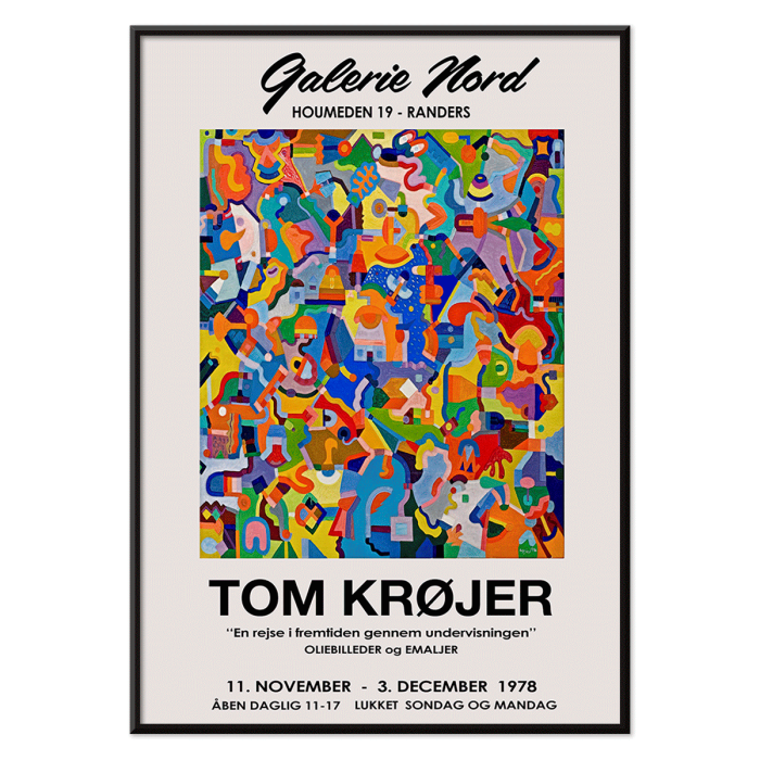 Obra de arte abstracta colorida en el cartel de la exposición de Tom Krojer en la Galerie Nord que presenta formas geométricas audaces.