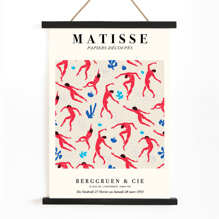 Exposición Matisse Dancing Figures Póster que presenta figuras recortadas en rojo sobre un fondo estampado con detalles de la exposición.