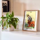 Poster featuring Tarot Strength by Rider Waite depicting a woman calming a lion with an infinity symbol above her head.