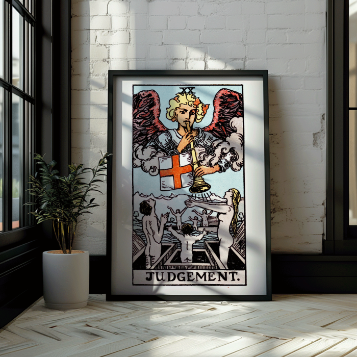 Poster featuring Tarot card Judgement by Rider Waite depicting an angel with a trumpet and people rising from coffins.