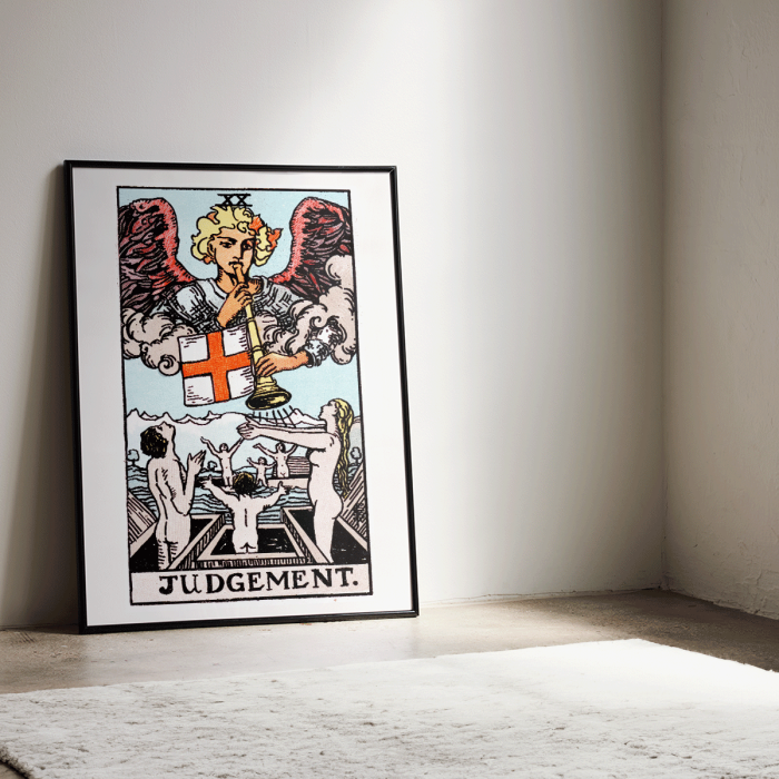 Poster featuring Tarot card Judgement by Rider Waite depicting an angel with a trumpet and people rising from coffins.