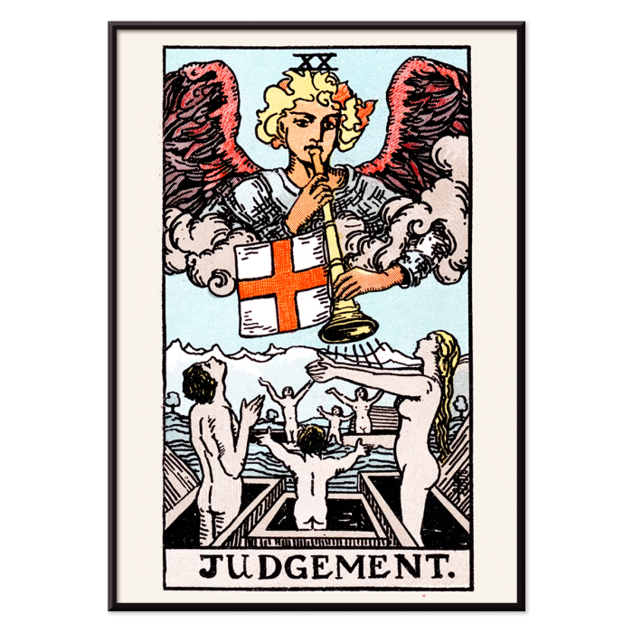 Poster featuring Tarot card Judgement by Rider Waite depicting an angel with a trumpet and people rising from coffins.