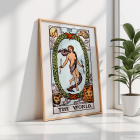 Poster du Tarot The World de Rider Waite représentant une figure centrale dans une couronne ovale entourée de quatre figures représentant les signes fixes