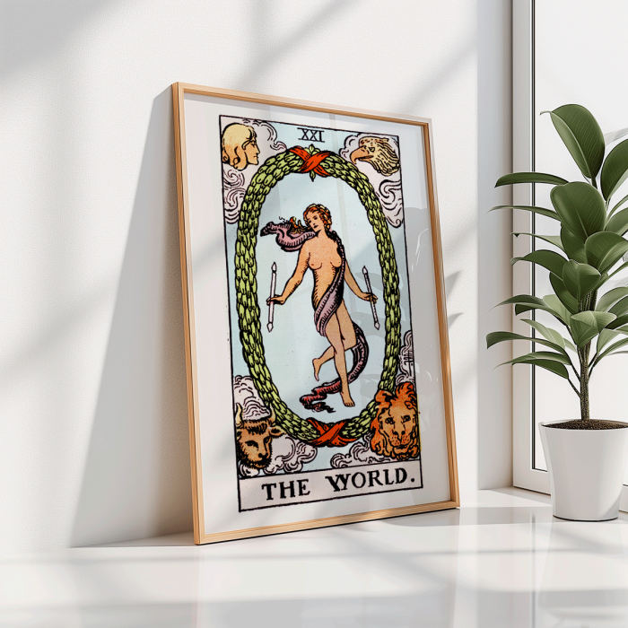 Poster of Tarot The World by Rider Waite depicting a central figure within an oval wreath surrounded by four figures representing the fixed signs