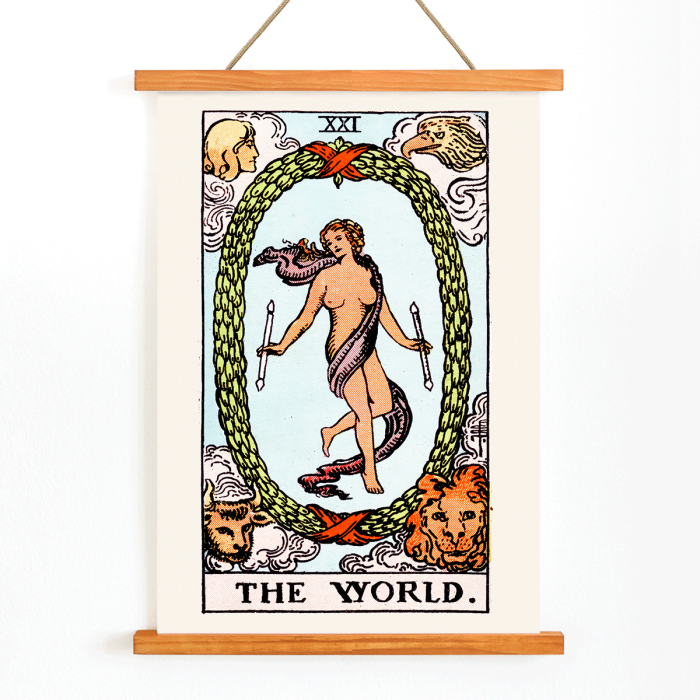 Poster of Tarot The World by Rider Waite depicting a central figure within an oval wreath surrounded by four figures representing the fixed signs