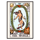 Póster del Tarot El Mundo de Rider Waite que representa una figura central dentro de una corona ovalada rodeada de cuatro figuras que representan los signos fijos.