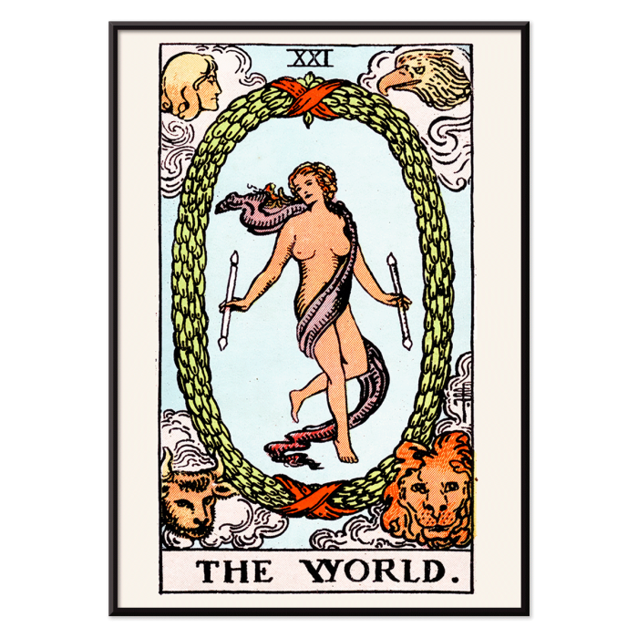 Poster of Tarot The World by Rider Waite depicting a central figure within an oval wreath surrounded by four figures representing the fixed signs