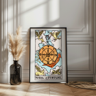 Poster depicting the artwork Tarot - The Wheel Of Fortune by Rider Waite featuring a mystical wheel surrounded by mythical creatures