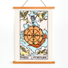 Poster depicting the artwork Tarot - The Wheel Of Fortune by Rider Waite featuring a mystical wheel surrounded by mythical creatures