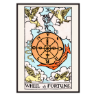 Poster représentant l'œuvre Tarot - La Roue de la Fortune de Rider Waite présentant une roue mystique entourée de créatures mythiques