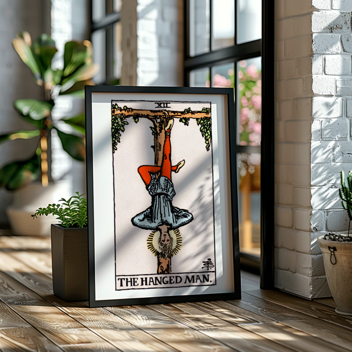 Poster depicting Tarot - The Hanged Man by Rider Waite showing a man hanging upside down by one leg from a wooden structure