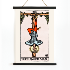 Poster depicting Tarot - The Hanged Man by Rider Waite showing a man hanging upside down by one leg from a wooden structure