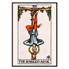 Poster depicting Tarot - The Hanged Man by Rider Waite showing a man hanging upside down by one leg from a wooden structure