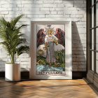 Poster of Tarot card titled Tarot - Temperance by Rider Waite featuring an angel with wings pouring liquid between two cups.