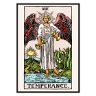 Poster de la carte de Tarot intitulée Tarot - Tempérance de Rider Waite représentant un ange avec des ailes versant du liquide entre deux tasses.