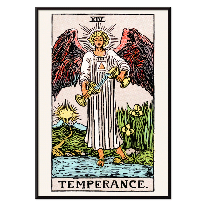 Poster of Tarot card titled Tarot - Temperance by Rider Waite featuring an angel with wings pouring liquid between two cups.