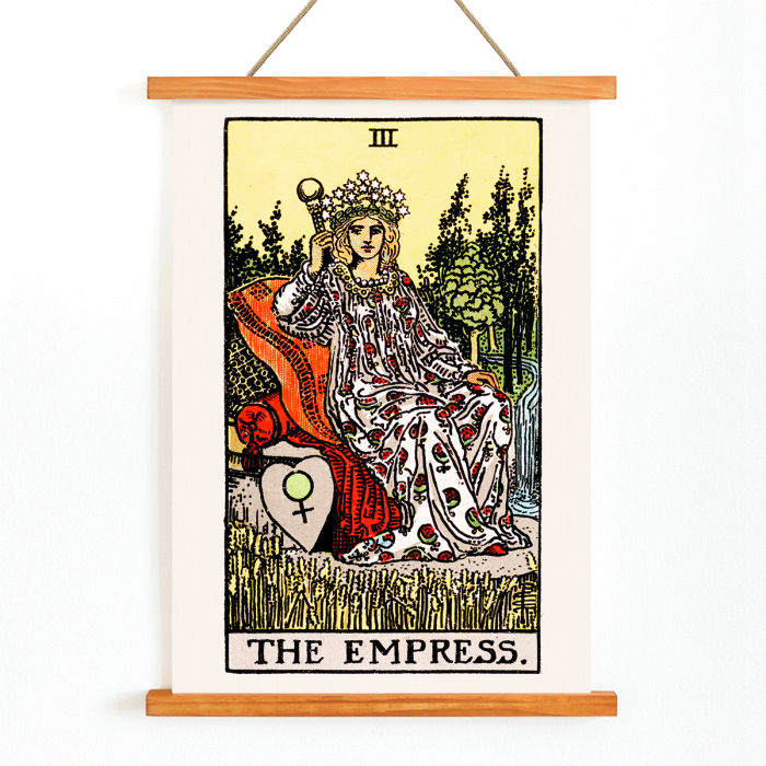 Poster of Tarot - The Empress by Rider Waite showing a woman seated on a throne with a crown of stars, holding a scepter.