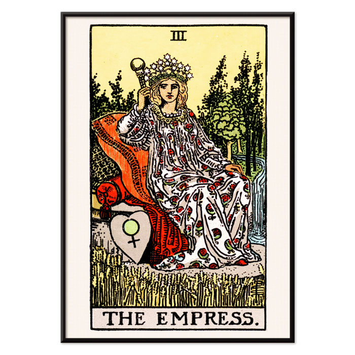 Poster of Tarot - The Empress by Rider Waite showing a woman seated on a throne with a crown of stars, holding a scepter.