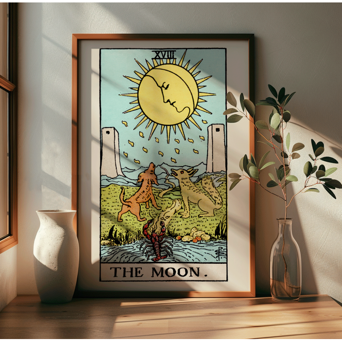 Poster featuring the artwork Tarot - The Moon by Rider Waite showing a scene with two dogs, a moon, and a crayfish in a mystical landscape