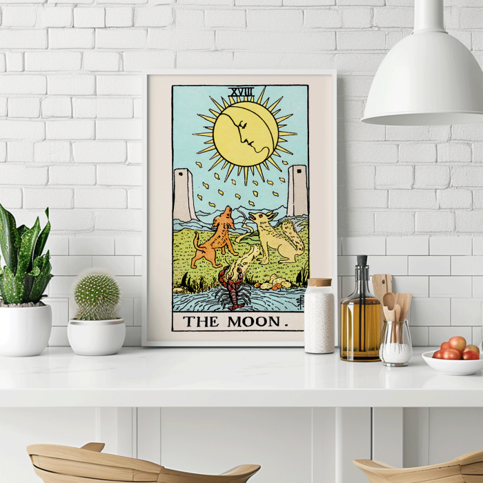 Poster featuring the artwork Tarot - The Moon by Rider Waite showing a scene with two dogs, a moon, and a crayfish in a mystical landscape