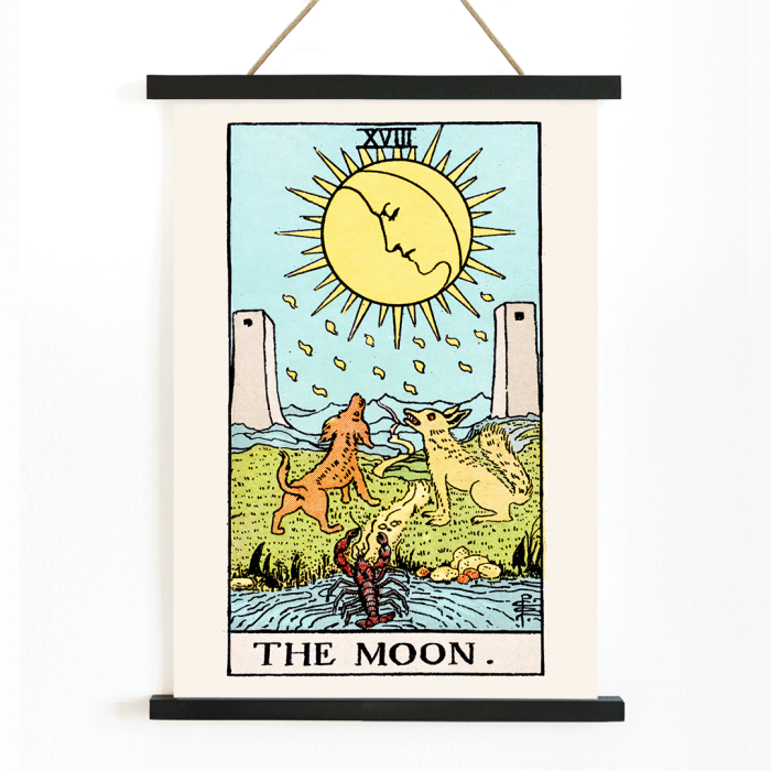 Poster featuring the artwork Tarot - The Moon by Rider Waite showing a scene with two dogs, a moon, and a crayfish in a mystical landscape