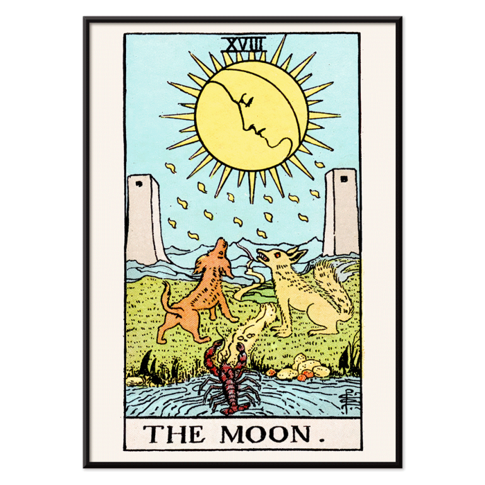 Poster featuring the artwork Tarot - The Moon by Rider Waite showing a scene with two dogs, a moon, and a crayfish in a mystical landscape