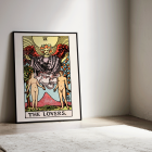 Poster of Tarot card The Lovers by Rider Waite depicting a winged angel above a man and woman standing in a garden.