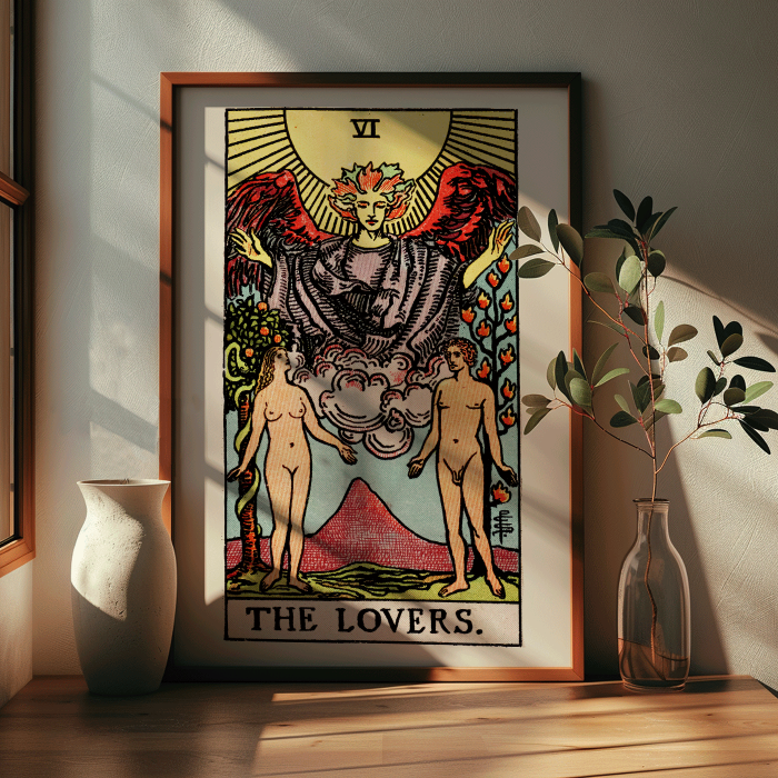 Poster of Tarot card The Lovers by Rider Waite depicting a winged angel above a man and woman standing in a garden.