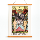 Poster of Tarot card The Lovers by Rider Waite depicting a winged angel above a man and woman standing in a garden.