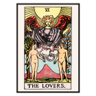 Póster de la carta del Tarot Los Amantes de Rider Waite, que representa a un ángel alado sobre un hombre y una mujer de pie en un jardín.