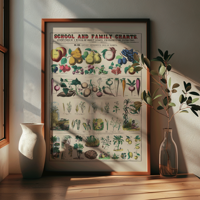 Botanical chart: Economical use of plants by Marcius Willson with illustrations of fruits vegetables and plants poster