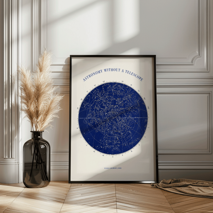 Poster displaying star chart titled Astronomy without a telescope by Elias Colbert featuring celestial constellations in blue.