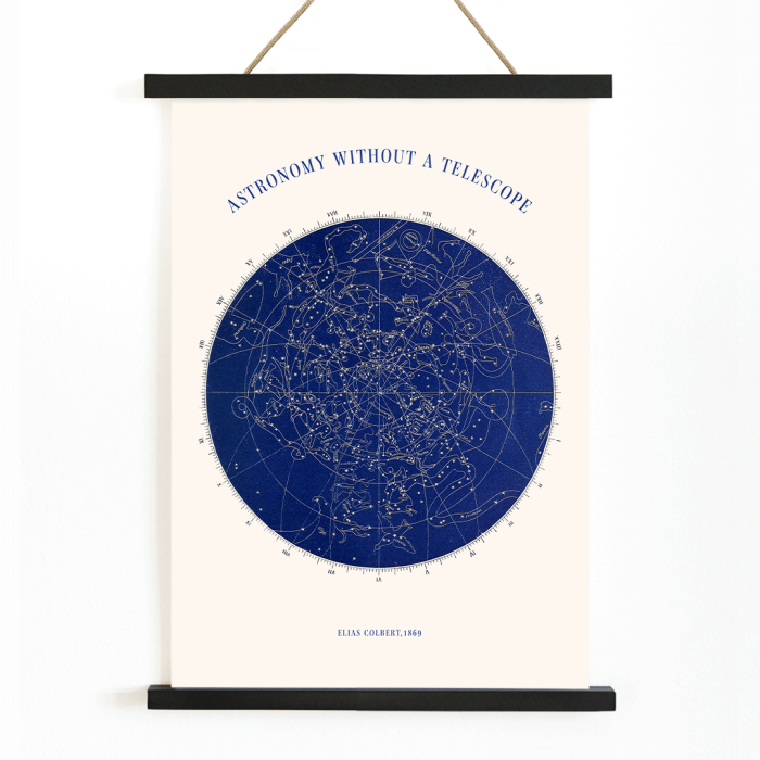 Poster displaying star chart titled Astronomy without a telescope by Elias Colbert featuring celestial constellations in blue.