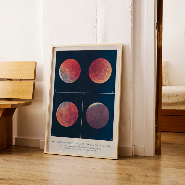 Póster de varios colores lunares durante los eclipses titulado Colorations variées de la Lune de Alphonse Berget.