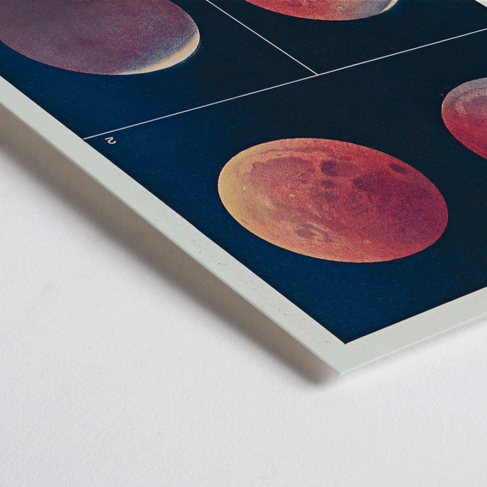 Póster de varios colores lunares durante los eclipses titulado Colorations variées de la Lune de Alphonse Berget.