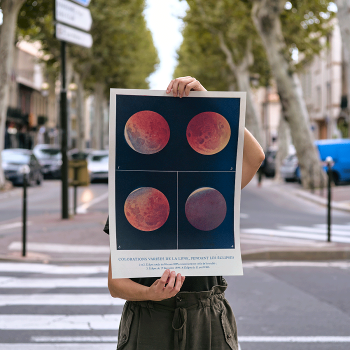 Poster of various lunar colors during eclipses titled Colorations variées de la Lune by Alphonse Berget.