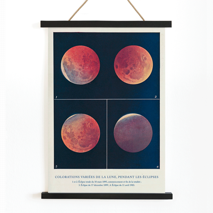 Póster de varios colores lunares durante los eclipses titulado Colorations variées de la Lune de Alphonse Berget.