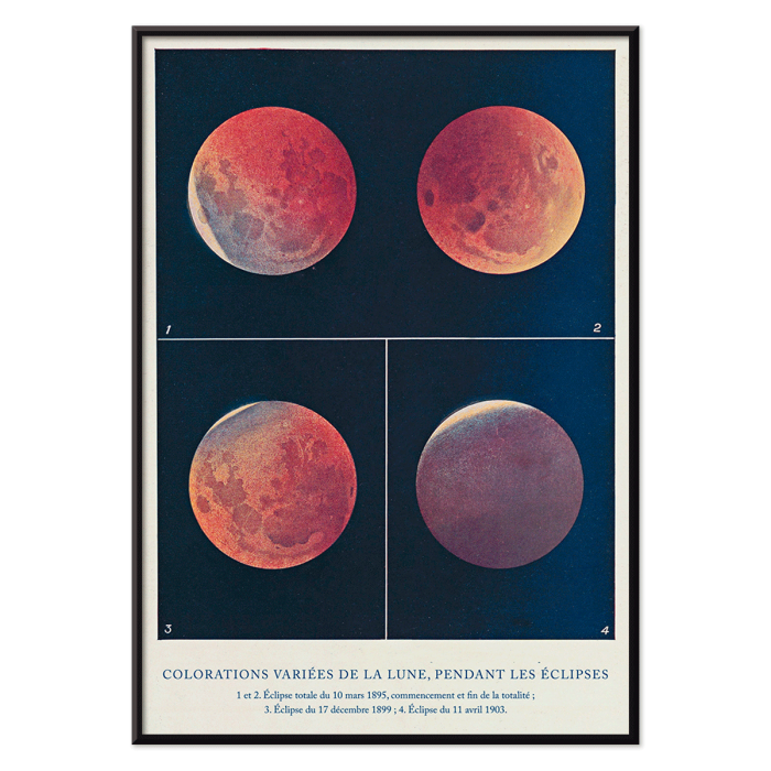 Poster de diverses couleurs lunaires lors des éclipses intitulé Colorations variées de la Lune par Alphonse Berget.