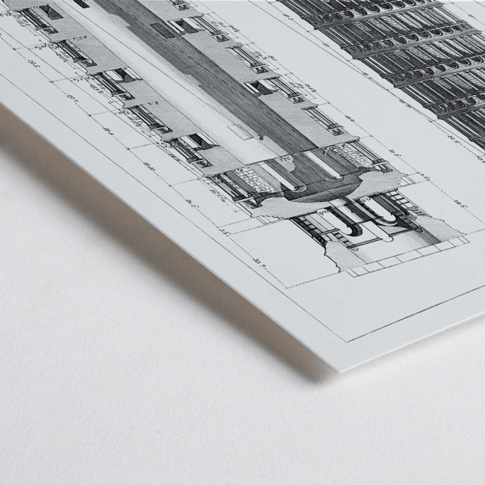 Poster of architectural drawing of the Leaning Tower of Pisa titled Campanile di Pisa by G.L. Taylor featuring elevations and section views.