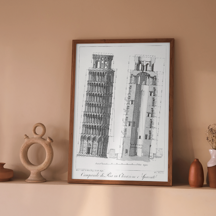 Póster del dibujo arquitectónico de la Torre Inclinada de Pisa titulado Campanile di Pisa de GL Taylor con elevaciones y vistas en sección.