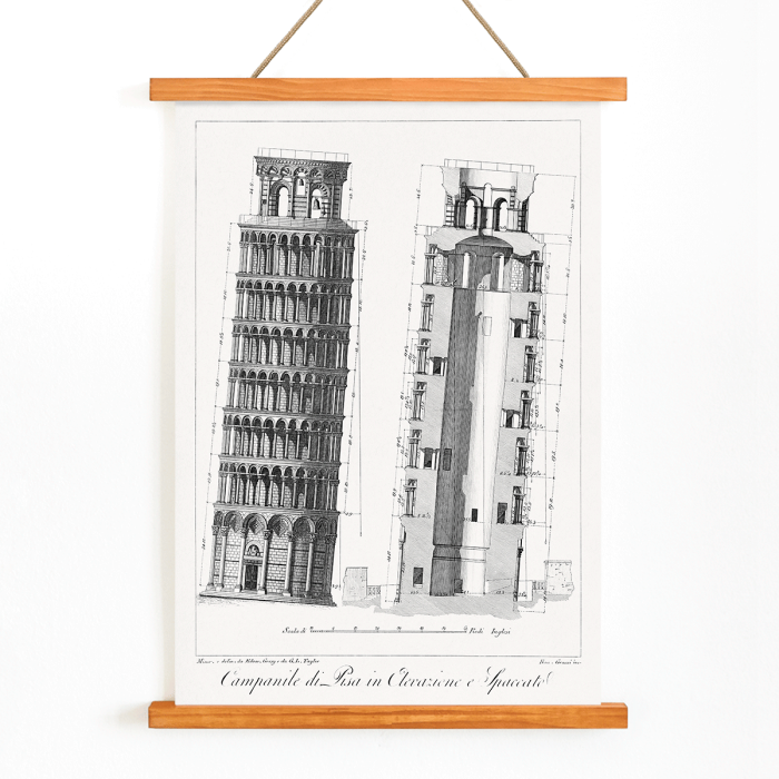 Poster of architectural drawing of the Leaning Tower of Pisa titled Campanile di Pisa by G.L. Taylor featuring elevations and section views.