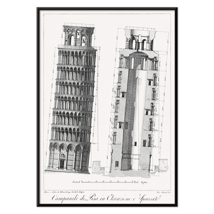 Poster of architectural drawing of the Leaning Tower of Pisa titled Campanile di Pisa by G.L. Taylor featuring elevations and section views.